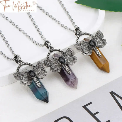 Hexagon Natural Stone Dragonfly Pendant Necklace