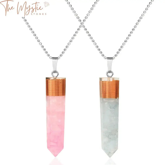 A vibrant pendant featuring a hexagonal column shape, crafted with natural stone chips encased in clear resin.