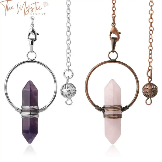 A collection of natural gemstone pendulums featuring pointed hexagon pillars.