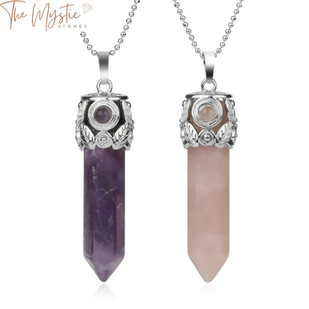 A close-up image of elegant necklaces featuring natural stone pendants.