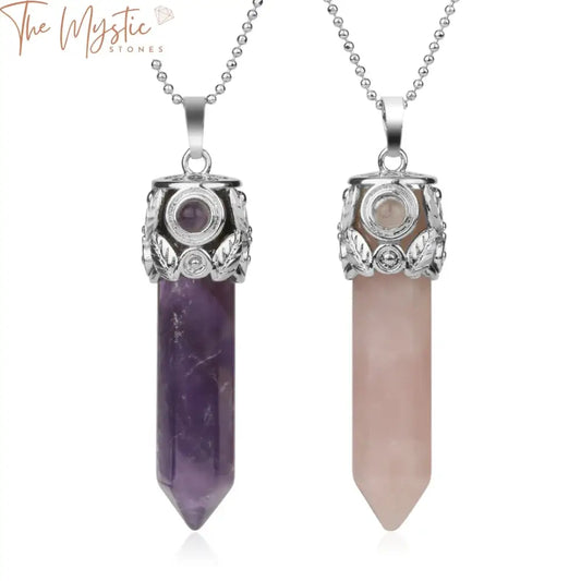 A close-up image of elegant necklaces featuring natural stone pendants.