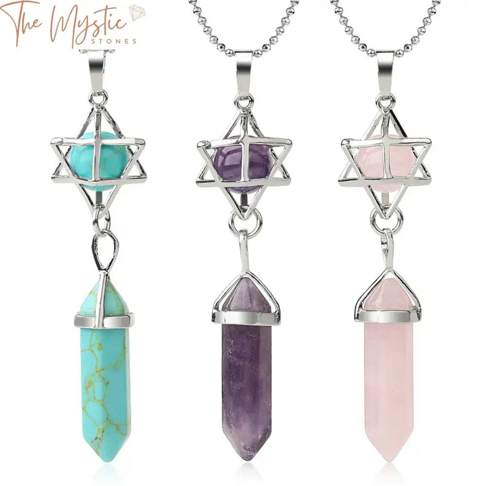 A collection of natural stone pendant necklaces is displayed against a soft background.