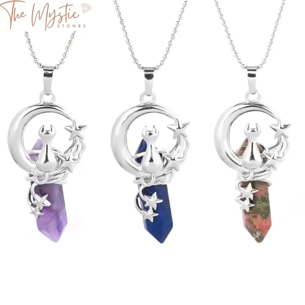 A hexagonal pendant combines various natural crystals, including amethyst, pink quartz, and tiger eye.