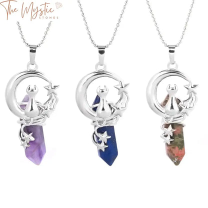 A hexagonal pendant combines various natural crystals, including amethyst, pink quartz, and tiger eye.