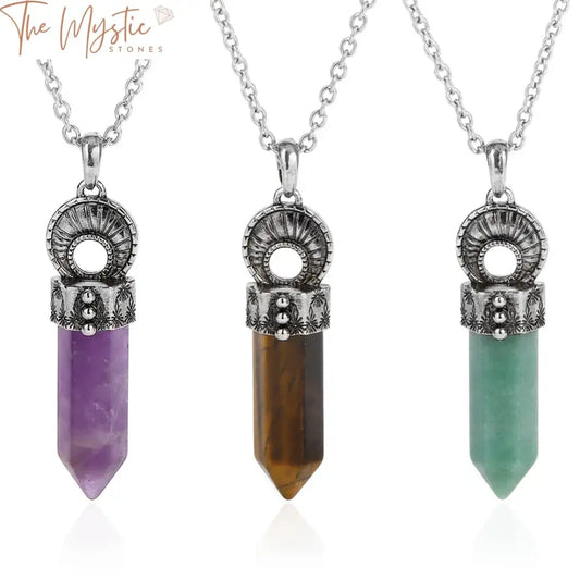 A vintage hexagonal crystal necklace featuring a natural stone pendant, prominently showcasing tiger eye and amethyst.