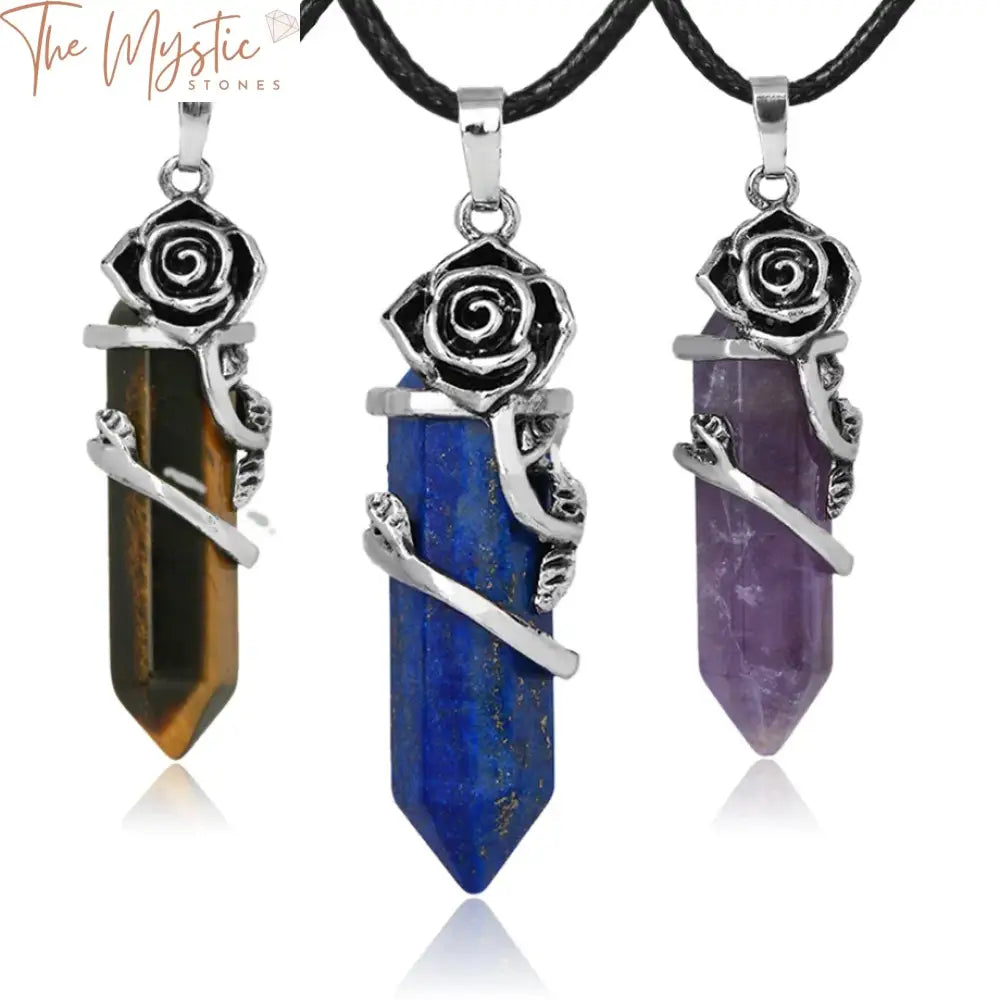 A collection of hexagonal crystal necklaces featuring natural stone pendants.