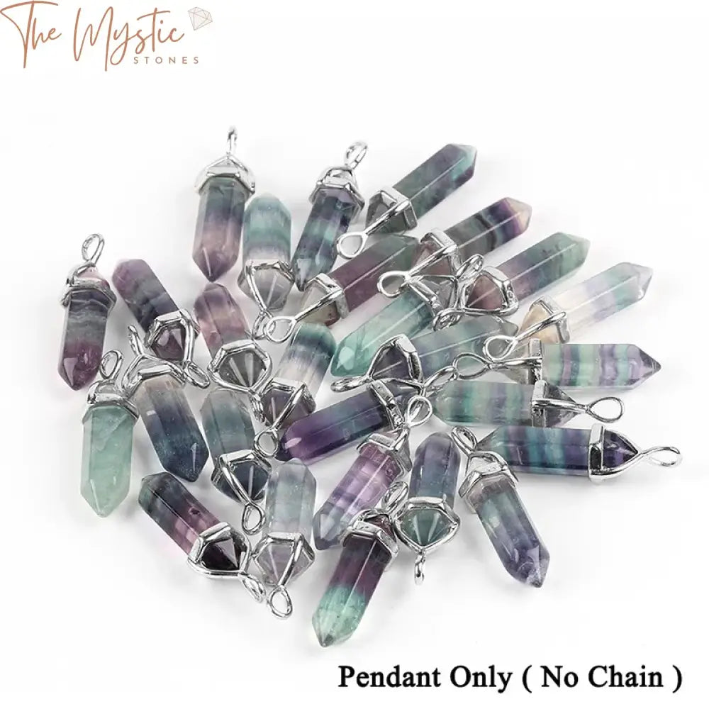 A collection of Fluorite crystal necklaces is displayed, each featuring a hexagonal pendant made from natural gemstones.