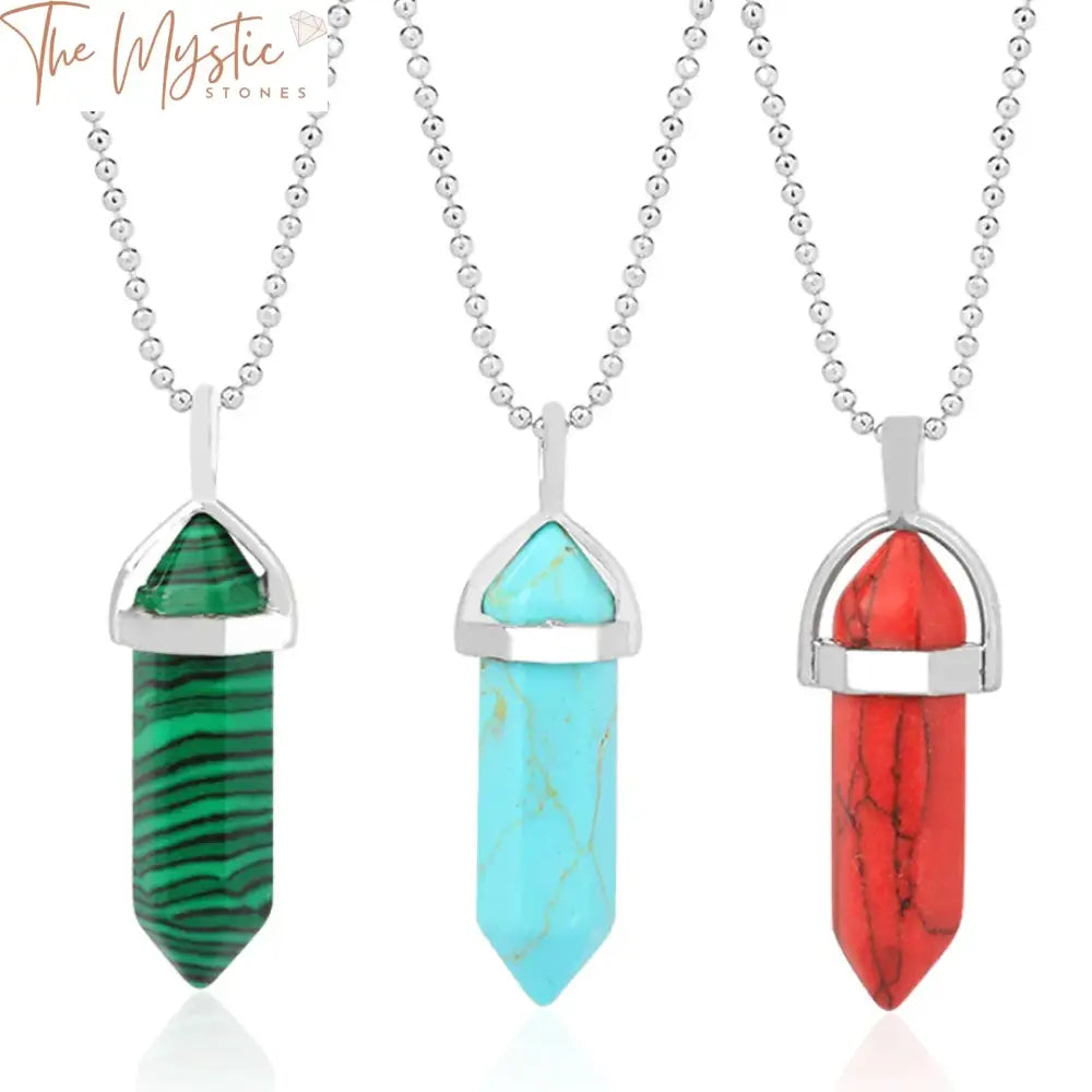 Elegant bullet-shaped pendant necklaces featuring hexagonal pillar gemstones, each with a healing pointed charm design.