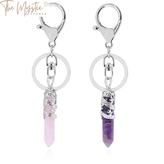 A collection of natural gemstone keychains featuring hexagonal prism point pendants.