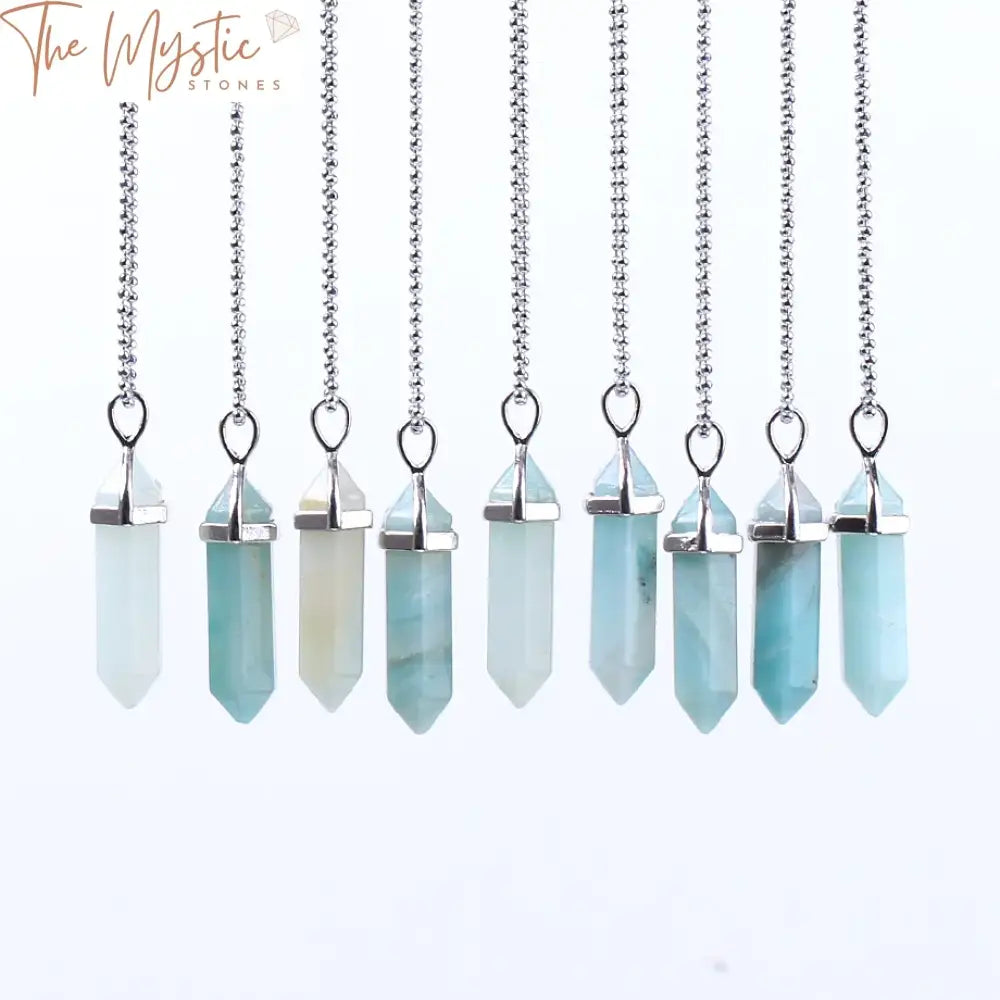 A close-up image of several hexagonal column necklaces made from natural Amazonite stone.