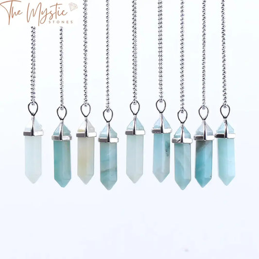 A close-up image of several hexagonal column necklaces made from natural Amazonite stone.