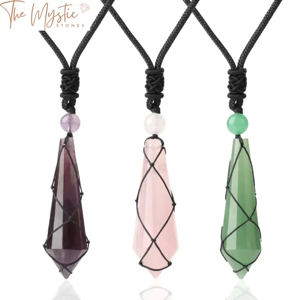 A collection of crystal healing necklaces featuring natural stone pendants.