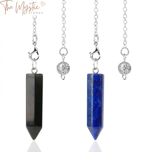 A sleek hexagonal column pendulum made from natural stone, featuring a pointed crystal pillar design.