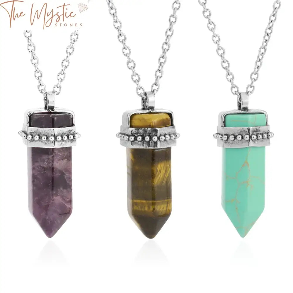 A hexagonal pendant necklace featuring a natural stone is displayed against a plain background.