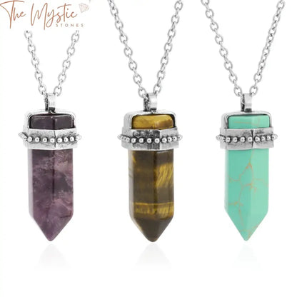 A hexagonal pendant necklace featuring a natural stone is displayed against a plain background.