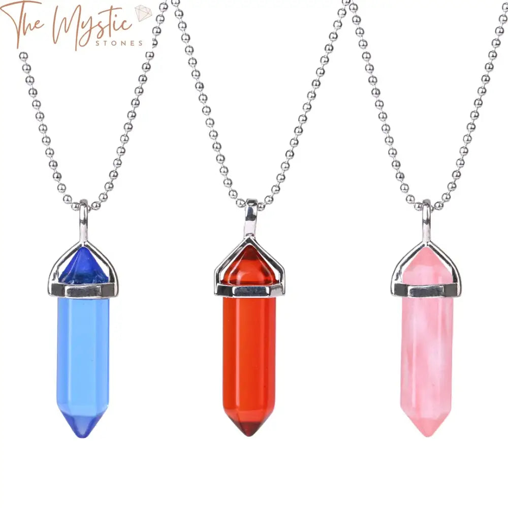 A stylish pendant necklace featuring a hexagonal prism shape with a bullet-pointed design.