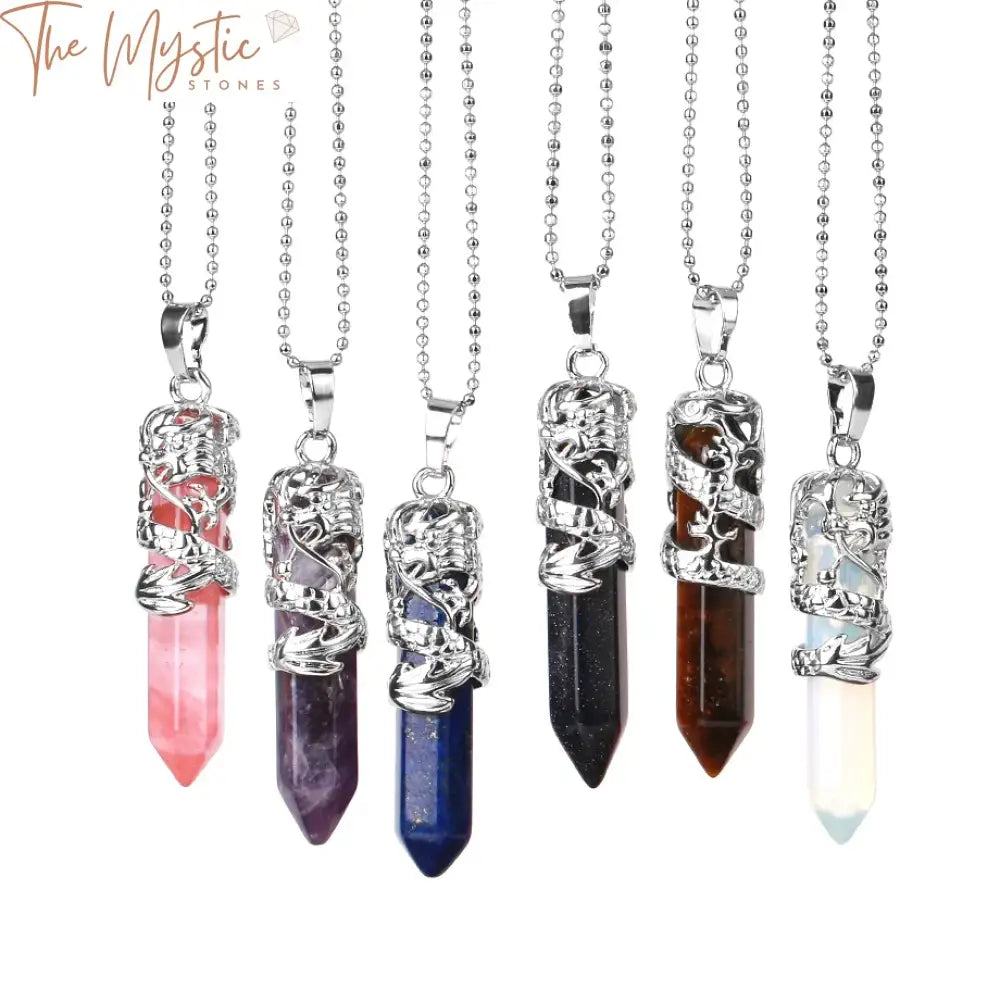 A necklace featuring hexagonal crystal pendants in various colors, including clear quartz and purple amethyst.