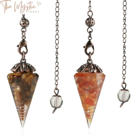 A hexagon cone pendulum featuring natural chip stones encased in clear resin, attached to an antique copper chain.