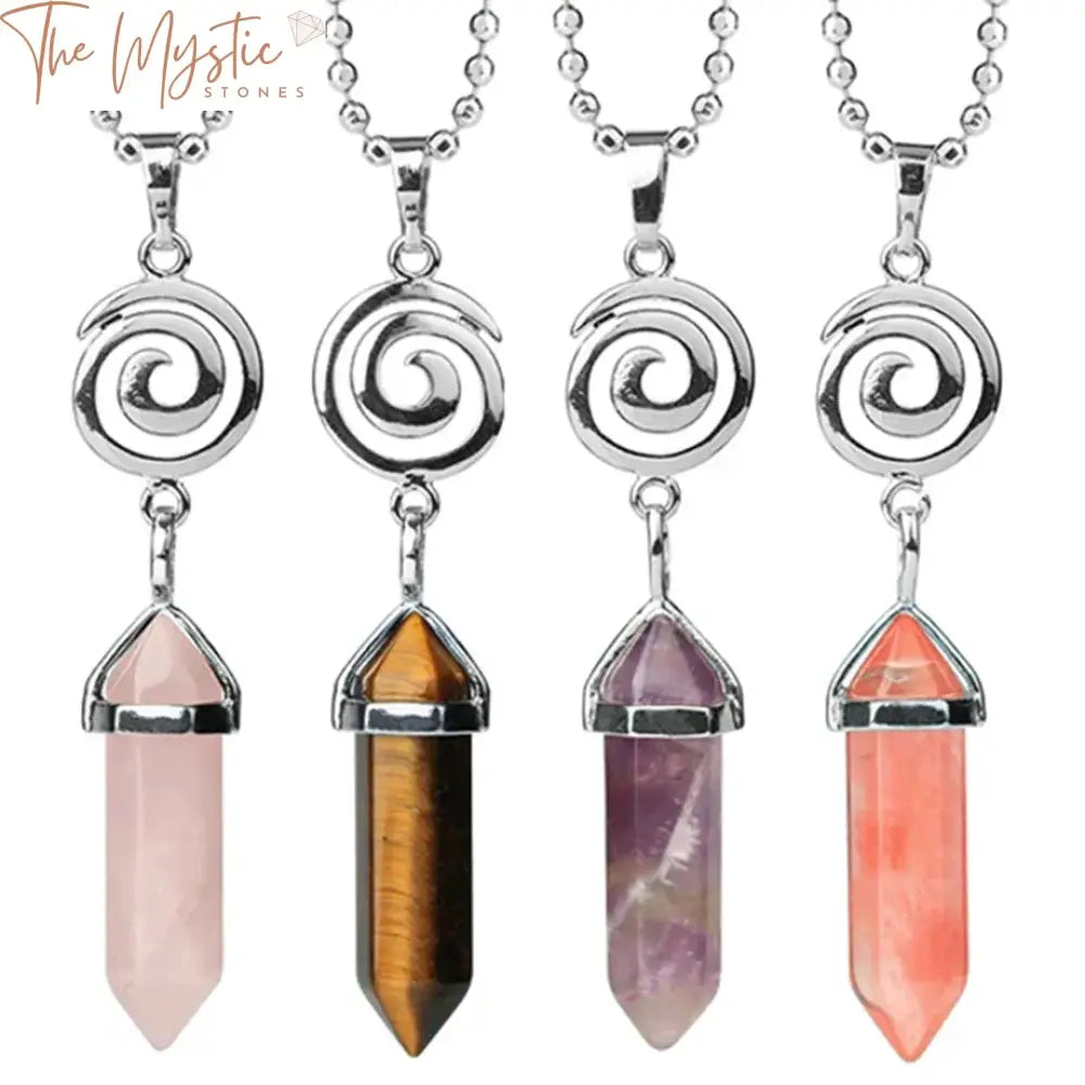 A collection of healing natural stone necklaces featuring hexagonal spiral pendants.