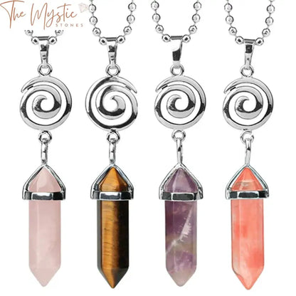 A collection of healing natural stone necklaces featuring hexagonal spiral pendants.