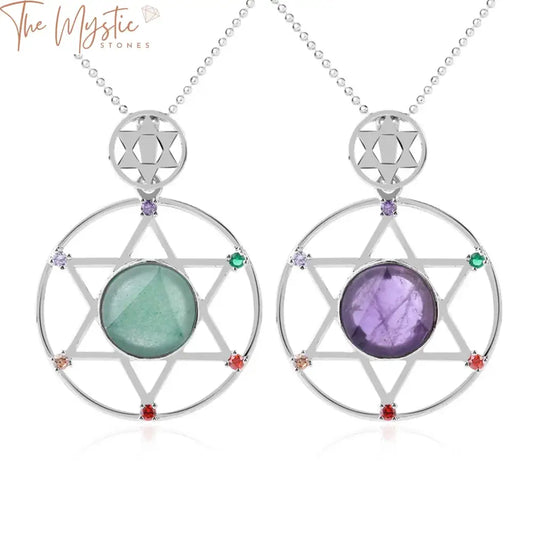 A hexagram pendant necklace featuring natural stone beads in various colors, arranged in a symmetrical star shape.