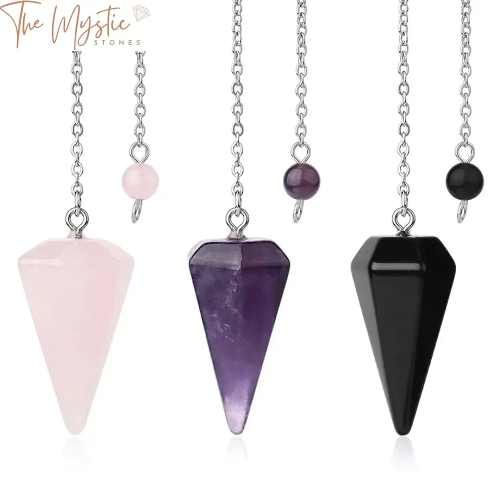 A collection of hexagonal natural stone pendulums displayed against a neutral background.