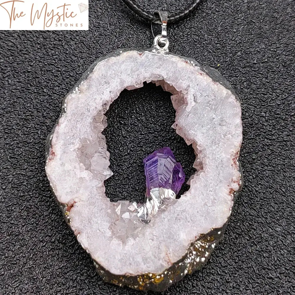 Irregular Geode Agate Pendant With Amethyst Inlay