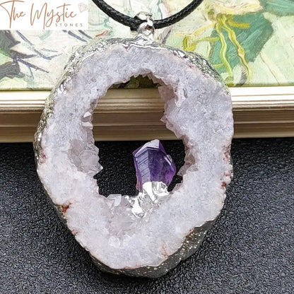 Irregular Geode Agate Pendant With Amethyst Inlay