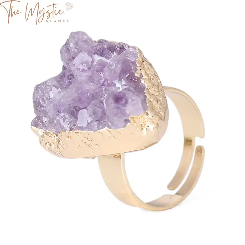 A stunning purple quartz ring featuring an irregular natural stone crystal druse.