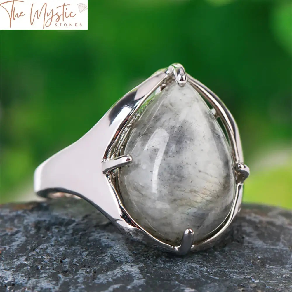 Labradorite Crystal & Quartz Water Drop Ring - Adjustable Silver