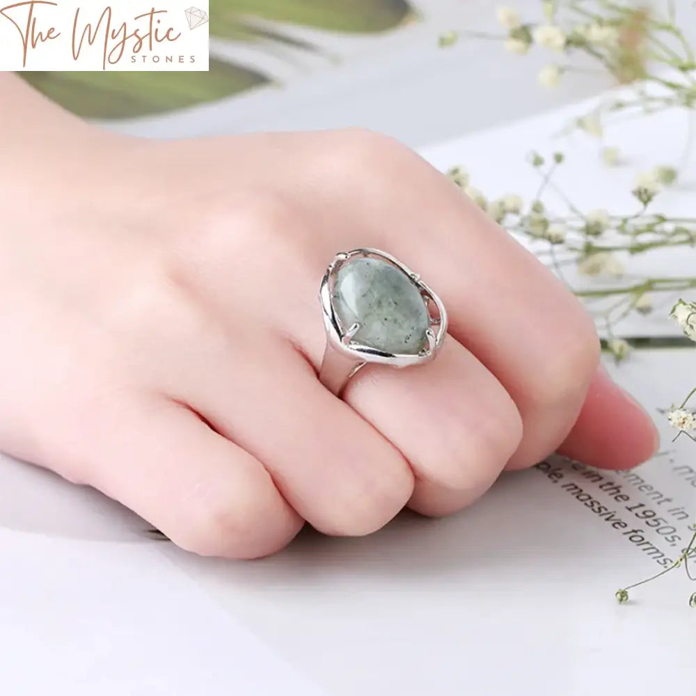 Labradorite Crystal & Quartz Water Drop Ring - Adjustable Silver