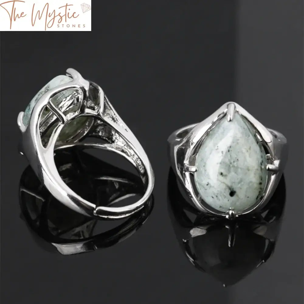 Labradorite Crystal & Quartz Water Drop Ring - Adjustable Silver