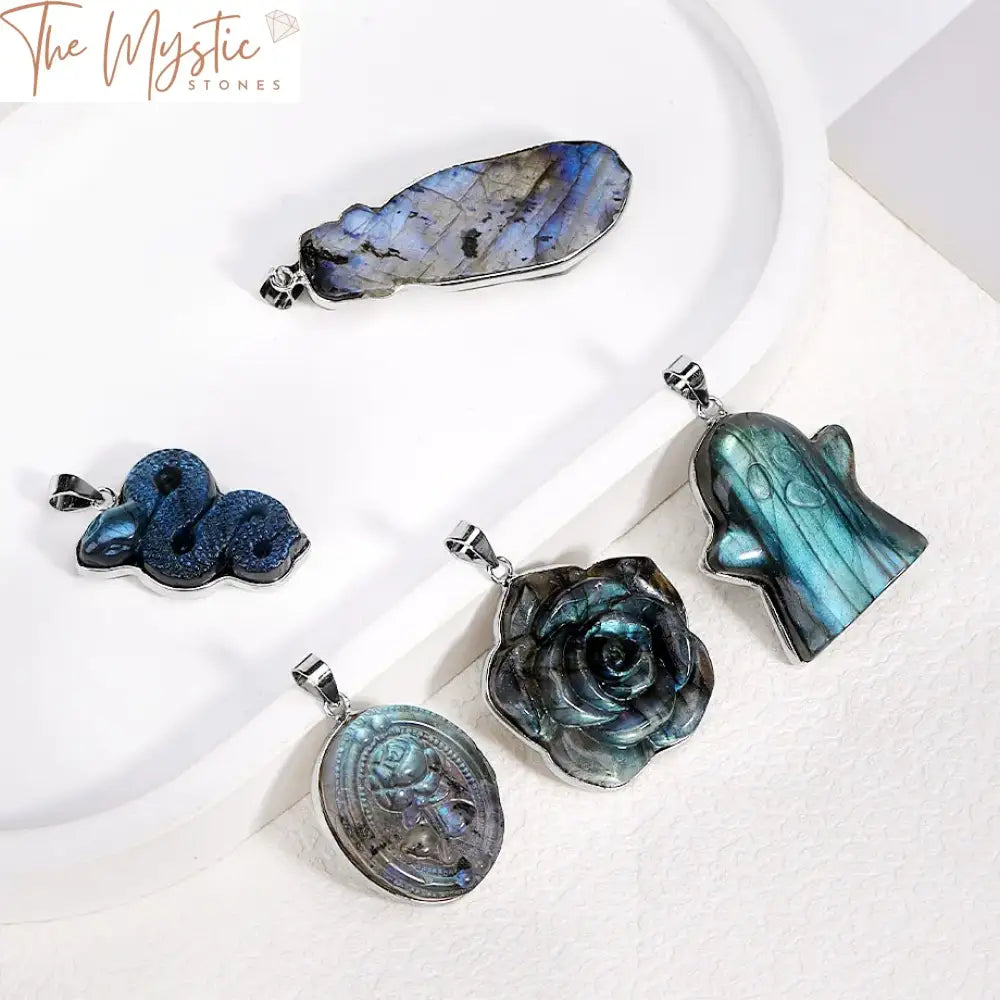 Labradorite Moon Wolf & Butterfly Pendant