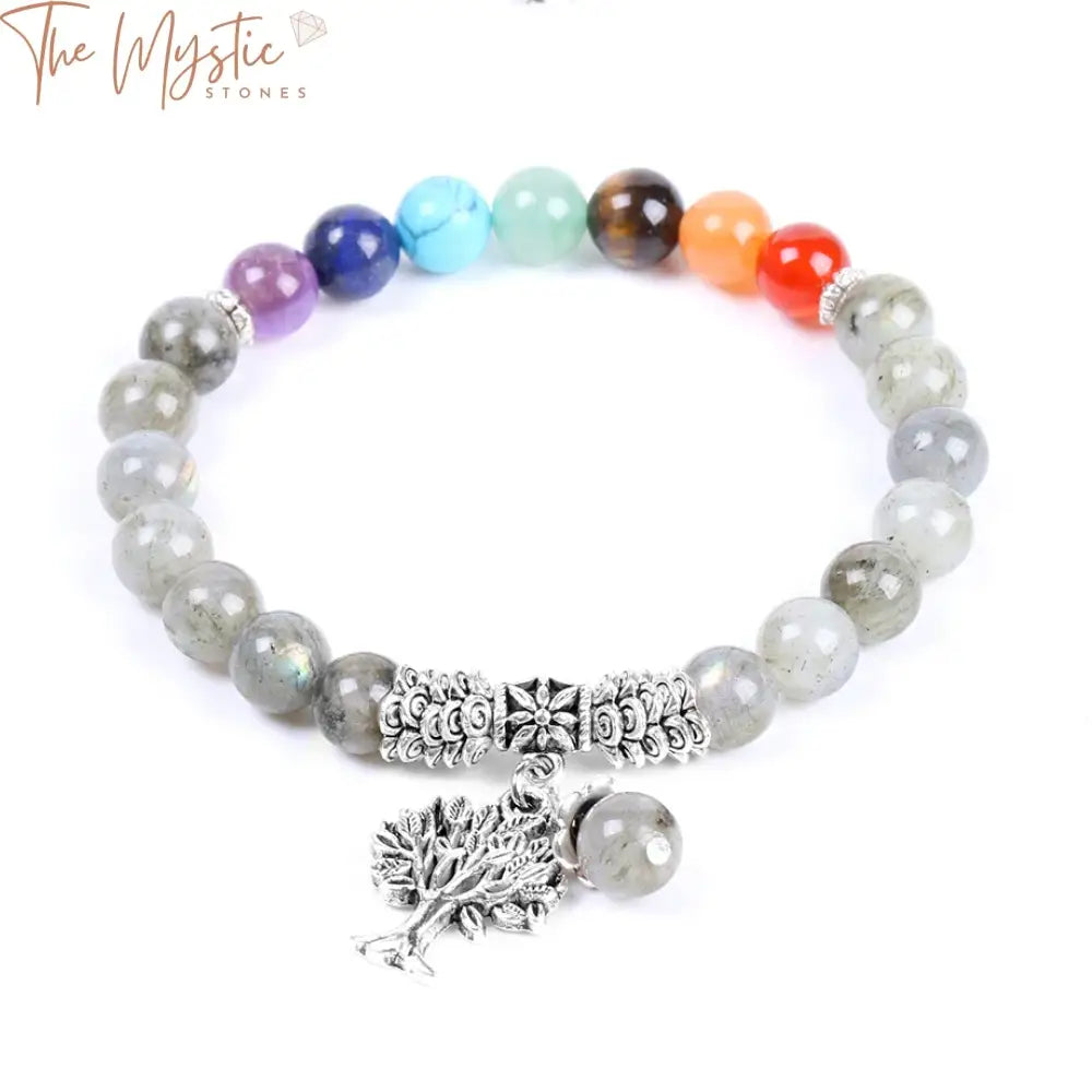 A handmade bracelet featuring polished labradorite beads, each exhibiting a subtle play of light and iridescent colors.