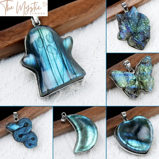 A labradorite pendant carved in the shape of a crescent moon, featuring intricate designs of a wolf and a butterfly.