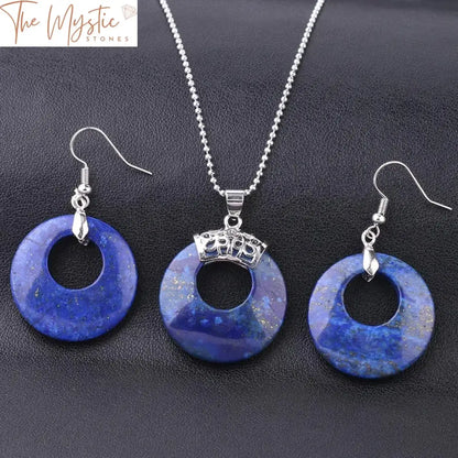 Lapis Gemstone Jewelry Set - Round Hollow Bead Necklace And Earrings