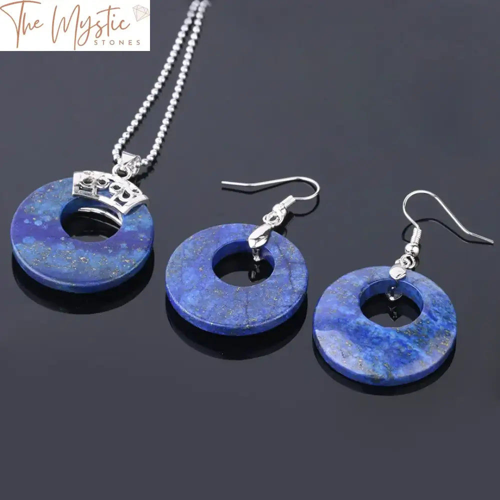 Lapis Gemstone Jewelry Set - Round Hollow Bead Necklace And Earrings