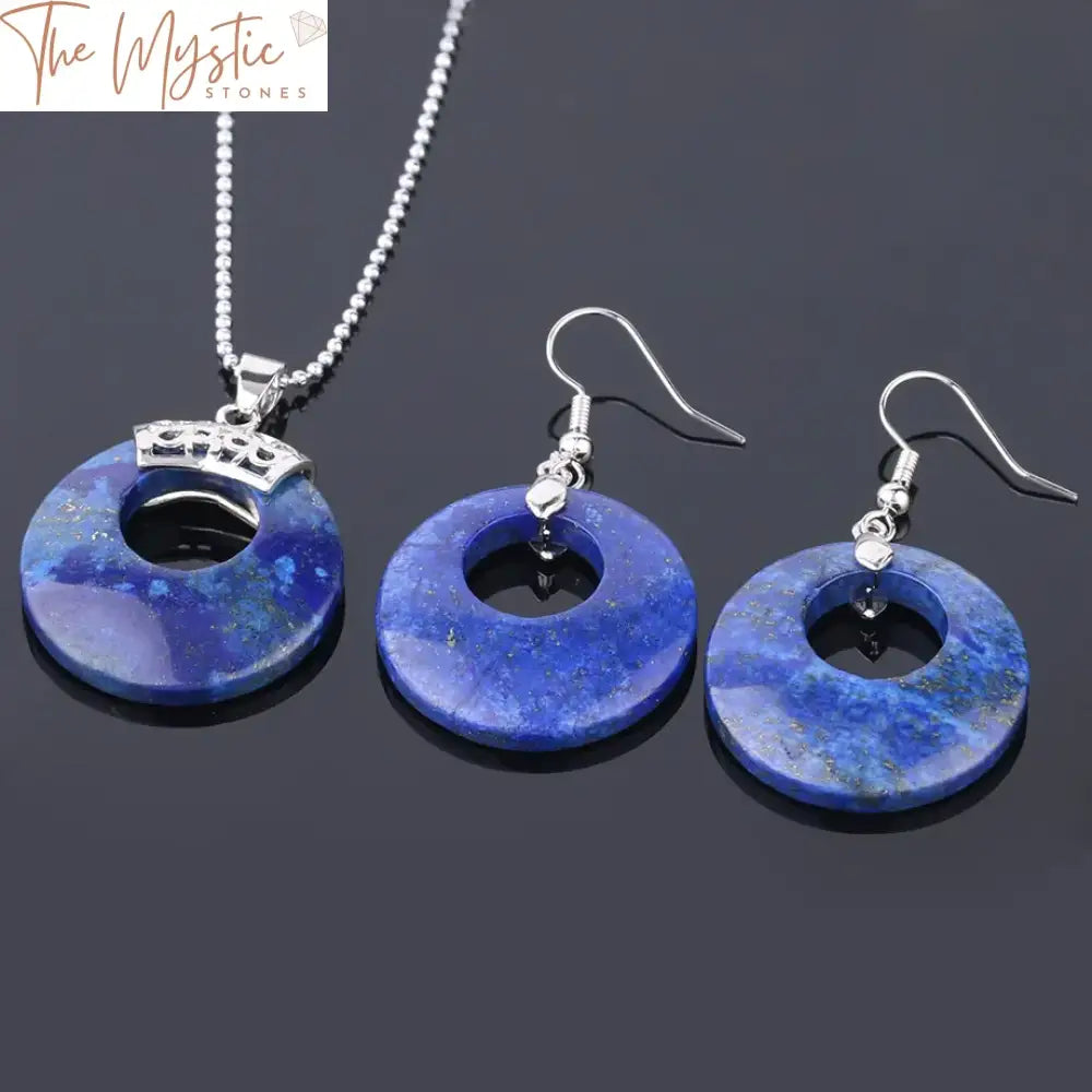 Lapis Gemstone Jewelry Set - Round Hollow Bead Necklace And Earrings