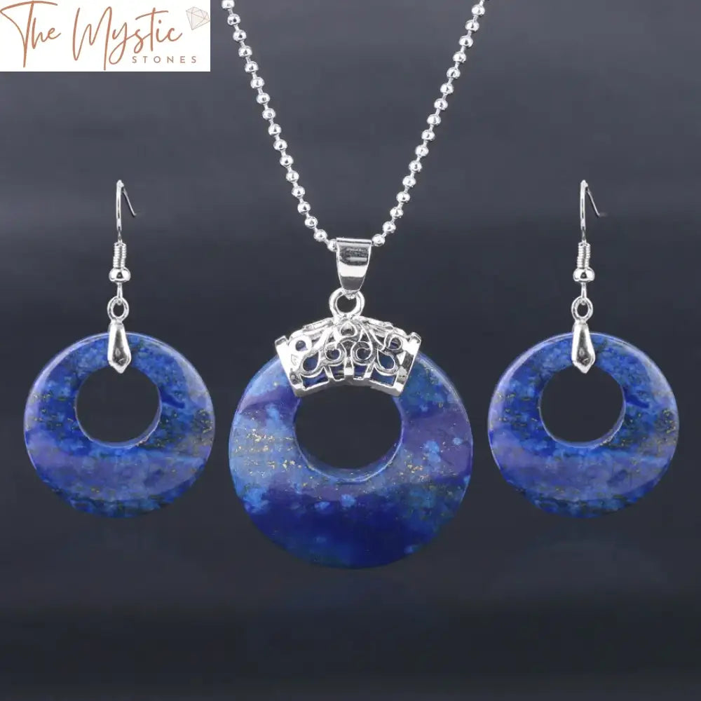 Lapis Gemstone Jewelry Set - Round Hollow Bead Necklace And Earrings