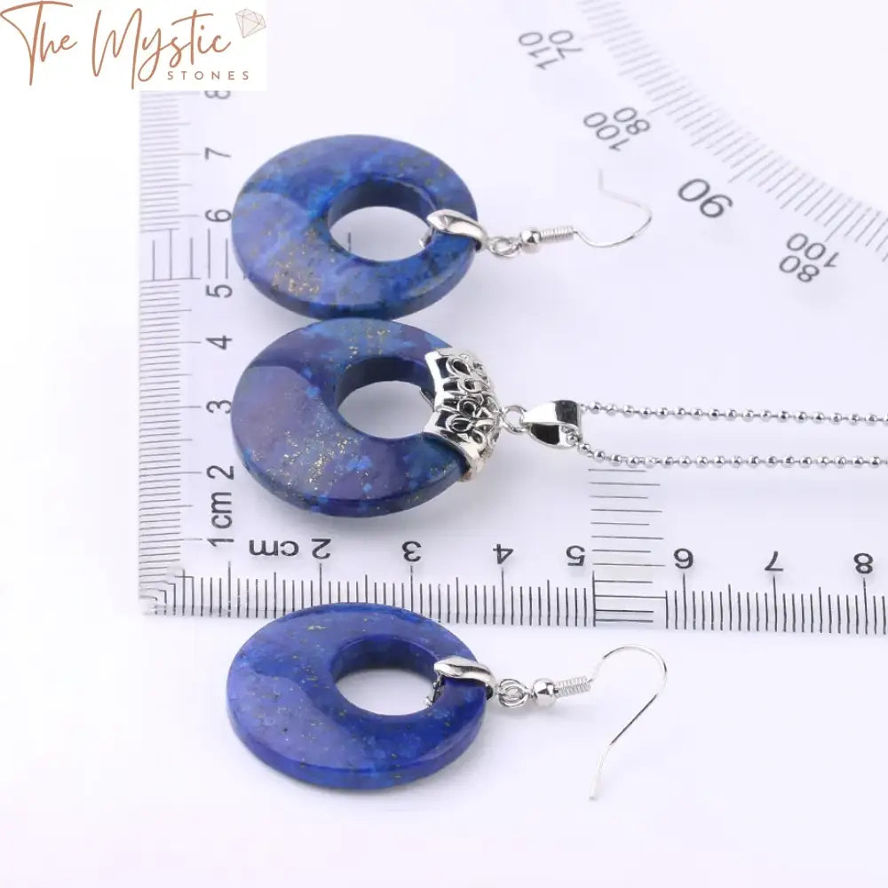 Lapis Gemstone Jewelry Set - Round Hollow Bead Necklace And Earrings