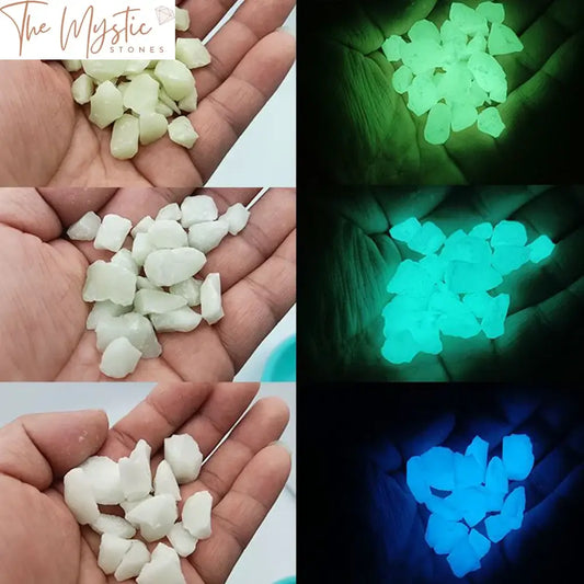 A collection of luminous stones displaying various fluorescent colors, scattered across a surface.