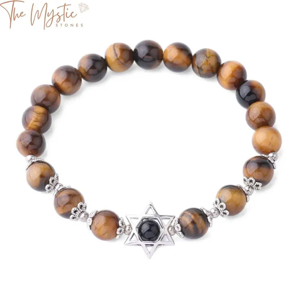 A collection of charm natural stone bracelets featuring a variety of beads, including tiger eye, lapis lazuli, and amazonite.