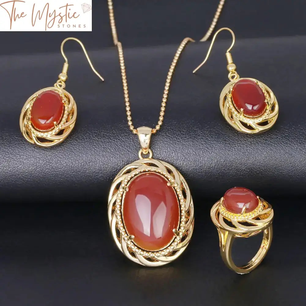 Malay Green Jade And Red Agate Luxury Jewelry Set