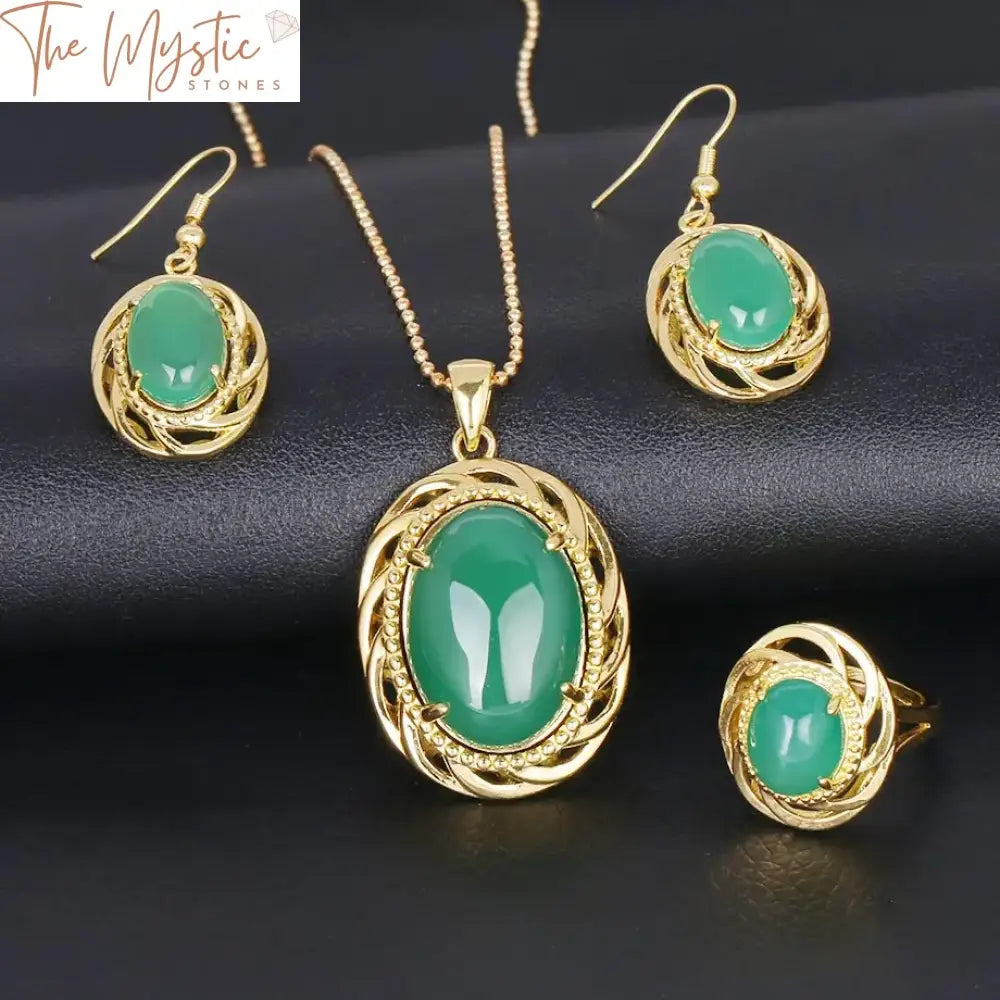 Malay Green Jade And Red Agate Luxury Jewelry Set