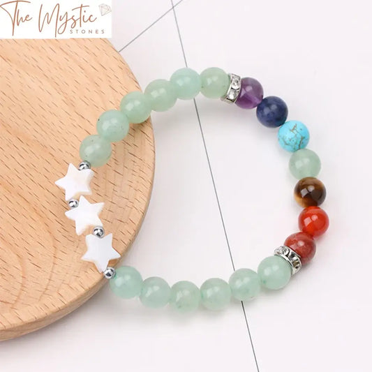 A 7 Chakra bracelet featuring natural stone beads in varying colors, each representing a different chakra.