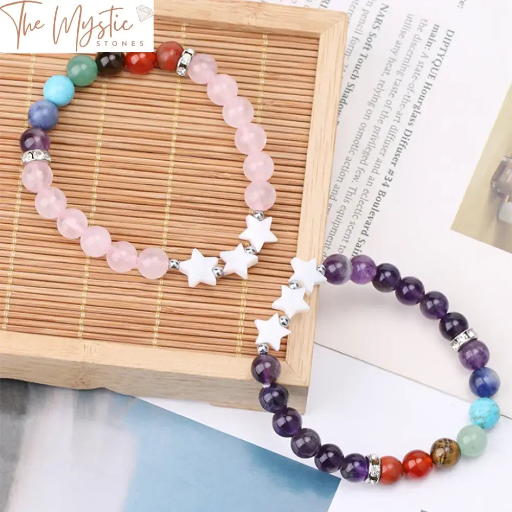 Meadiean 7 Chakra Healing Bracelet With Shell Star & Moon Charms