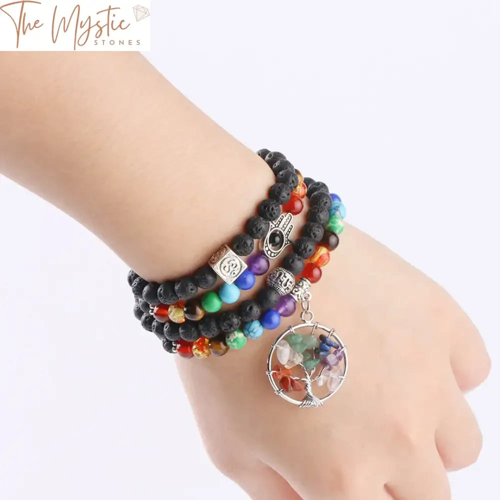 Men’s Lava Stone & Chakra Bead Multilayer Bracelet With Charms