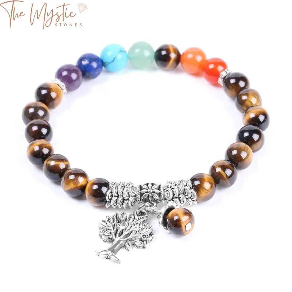 A bracelet made of tiger eye beads and multicolored stones representing the 7 chakras.