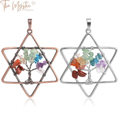 A collection of Reiki Merkaba necklaces featuring pendants made from natural chip stones, representing the 7 chakras.