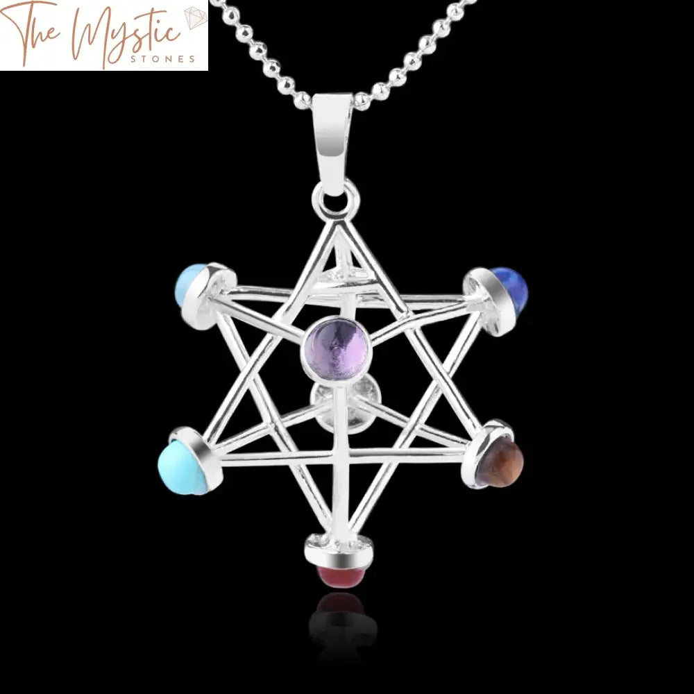 A collection of Merkaba Chakra pendants is displayed, featuring natural stones representing the 7 chakras.